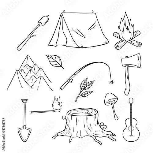 set of camping doodle elements