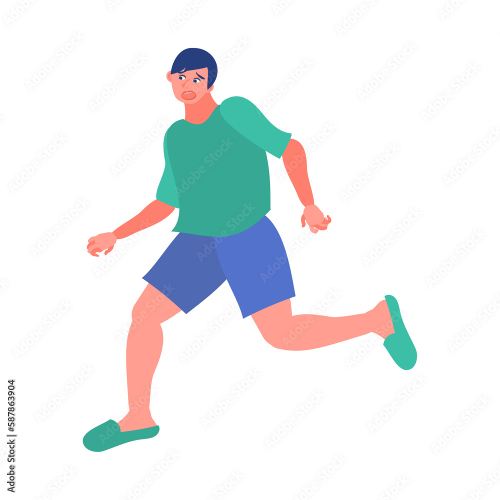 困った顔で走り出す男性。フラットなベクターイラスト。
A man running off with troubled expressions. Flat designed vector illustration.