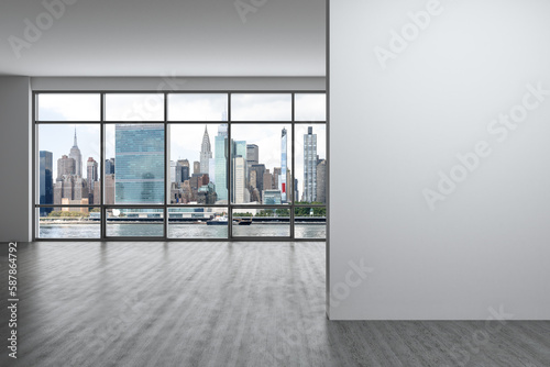 Midtown New York City Manhattan Skyline Buildings Window Background. Real estate Empty room Interior white mockup wall. Skyscrapers View Cityscape. East Side United Nations Headquarters. 3d rendering