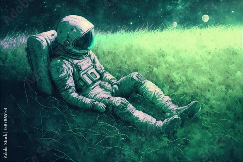 An astronaut observing shooting stars in a grassy field. Fantasy concept   Illustration painting. Generative AI