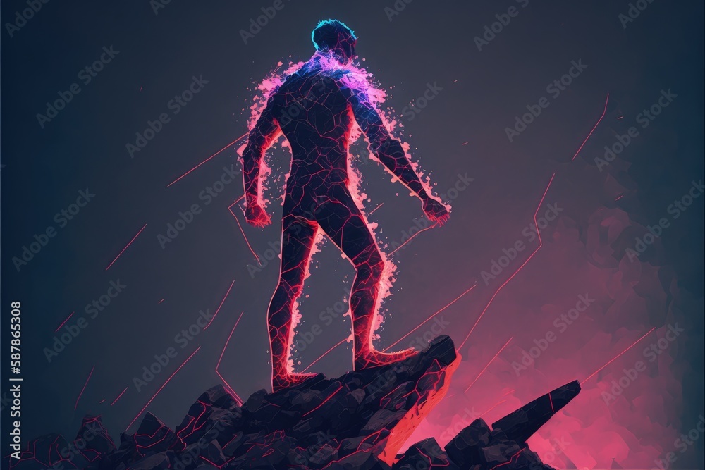 A shattered man stands on a volcanic rock in a surreal environment. Fantasy concept , Illustration painting. Generative AI