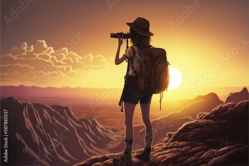 A youthful explorer captures the sunset over the mountains on camera. Fantasy concept , Illustration painting. Generative AI