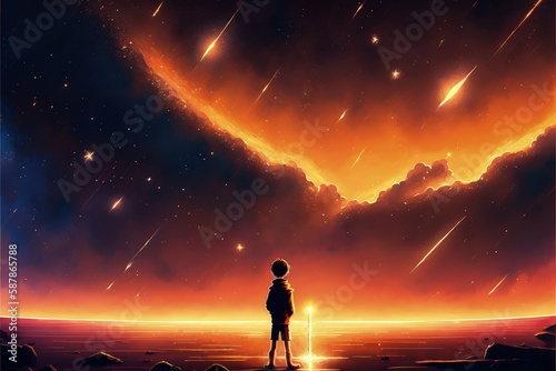 A beautiful scene of a young boy standing amidst glowing planets, holding a star in the night sky. Fantasy concept , Illustration painting. Generative AI