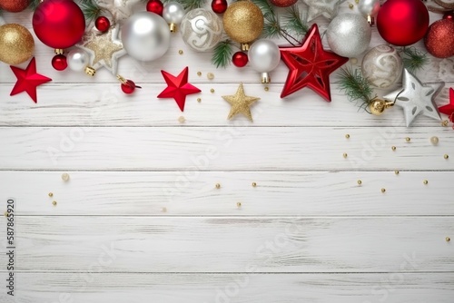 The top view of the Christmas backdrop is decorated with balls and beautiful red-gold stars on a pastel white-gray wooden floor with copy area. AI-generated images