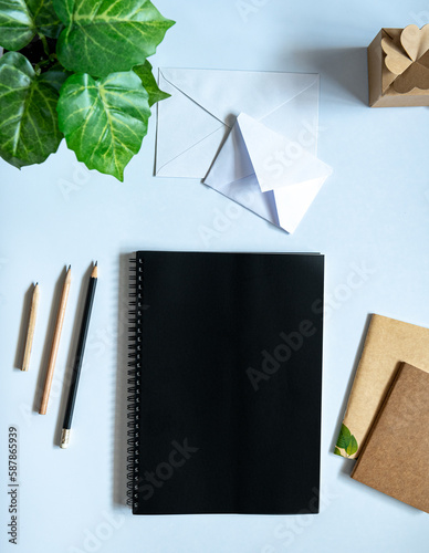 Top view of the stationery on white table