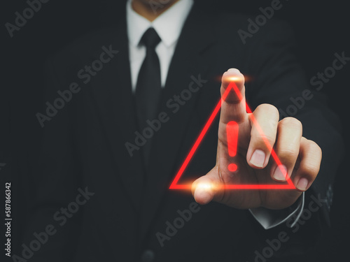 computer hack warning Malicious software, virus, businessman showing cyber attack sign
