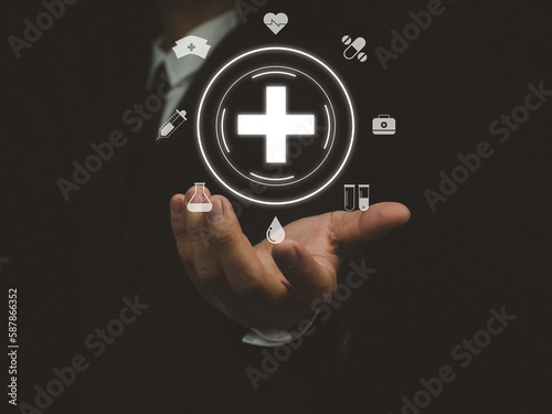 Businessman showing or touching digital virtual screen for medical data analysis health care health insurance against illness medical technology concept