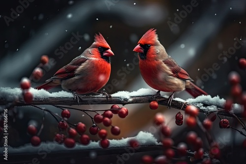 Illustration of two birds perched on a branch with red berries. Generative AI © AkuAku