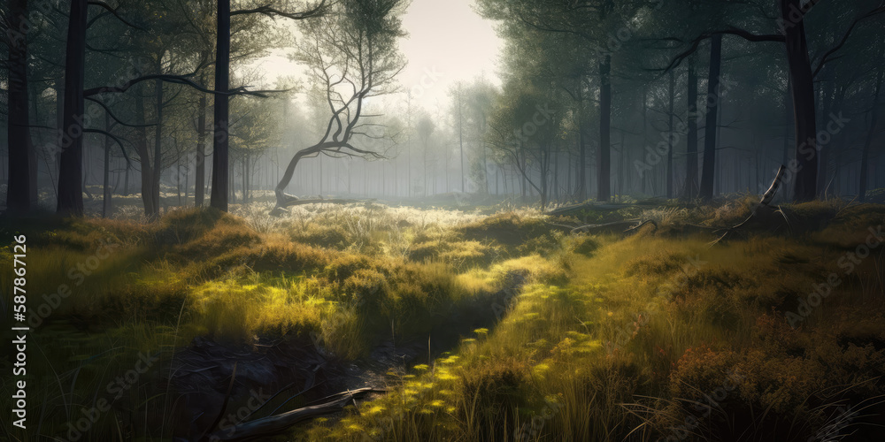 Obraz premium Spellbinding Forest Realm, Lush Foliage, and Enchanted Glades, Generated by AI