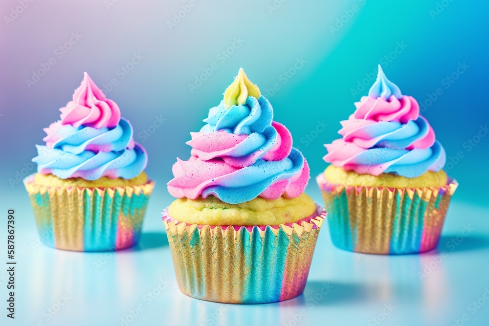 Cute Rainbow Pastel Cupcakes, Made By AI, Artificial Intelligence