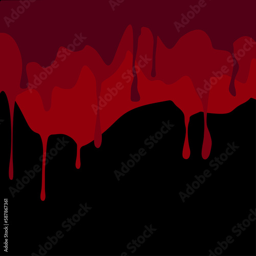 Red multi-colored melt drips or liquid paint drops isolated on black background. 