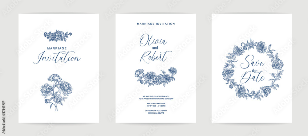 Wedding invitation. Peony illustration. hand-drawn frame.