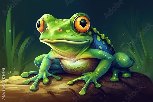 green frog perched on a wooden log in a natural setting. Generative AI