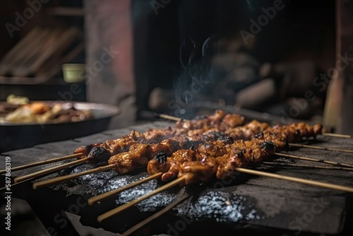 Illustration of various food skewers grilling on a barbecue. Generative AI