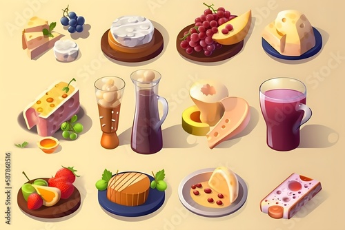 Food cartoon 3d vector icon set. Ear of wheat, milk, meat, fish, cheese, grapes, chocolate, glass of wine
