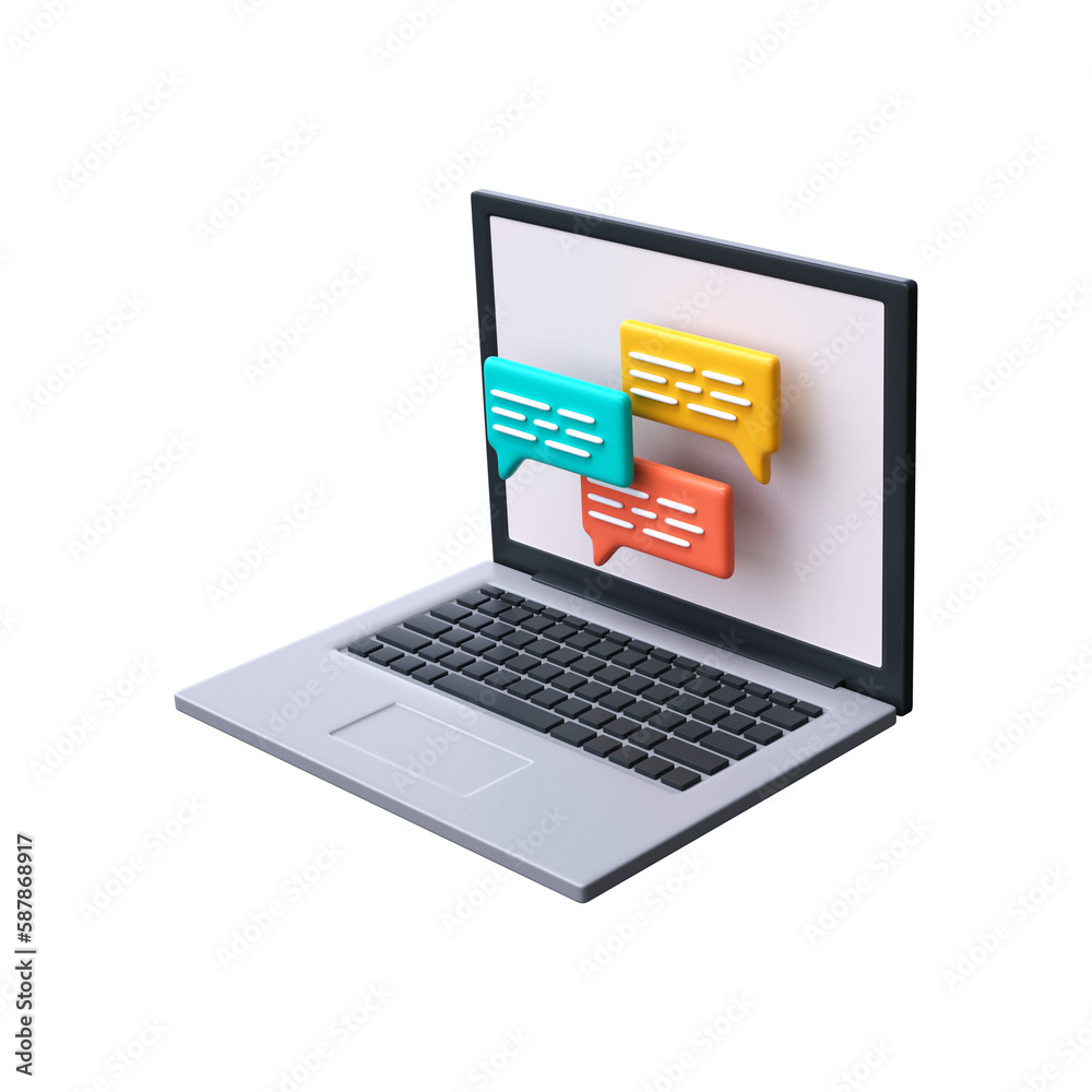 Laptop Message Chat 3d Icon. Communication concept, online chat or discussion. Laptop Message Chat 3d Icon. Communication concept, online chat or discussion.