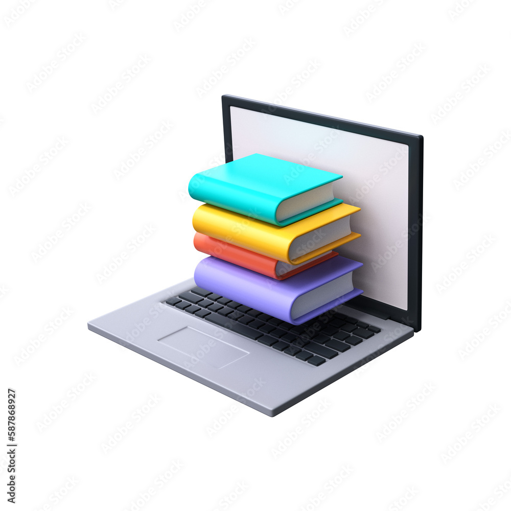 3d online library concept. A stack of books on a laptop screen 3d online library concept. A stack of books on a laptop screen