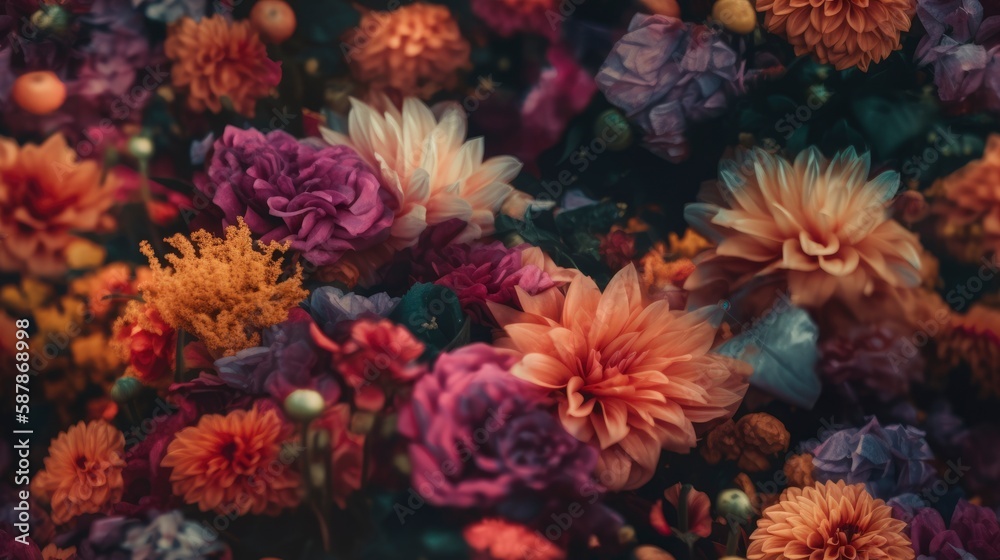 Obraz premium full of colorful flowers in the garden top view, natural living fauna closeup shot, for wallpaper banner, elegant luxury expensive plants, generative ai