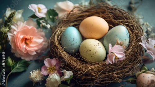 Easter eggs in a nest with flowers top view, soft pastel colors background, colored egg basket composition, copy space