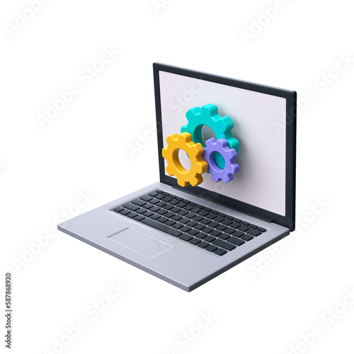 3d Laptop and gears icon. Technical support icon. Computer service.