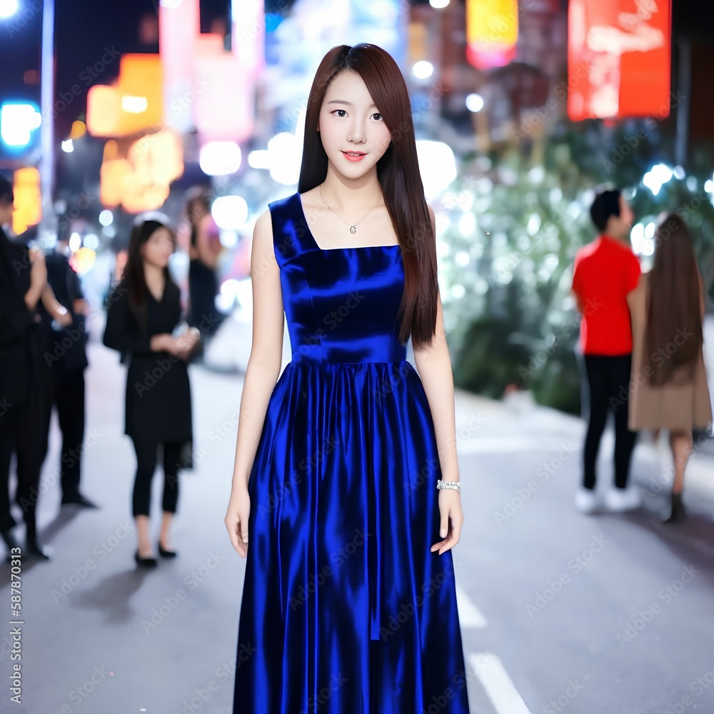 asian woman in dress standing at the street night, generative art by A.I.