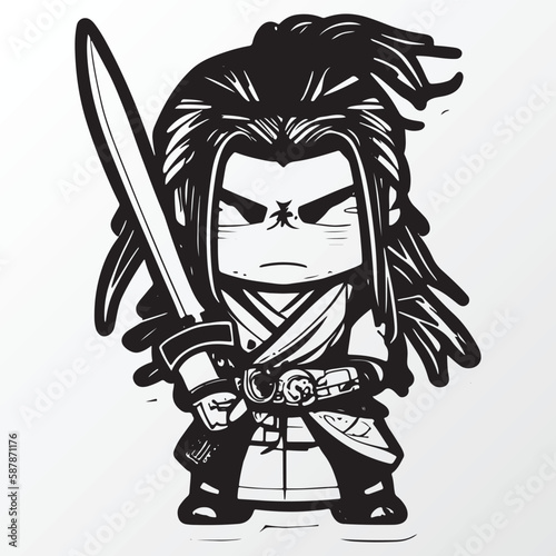 Cartoon samurai man character sketch in anime style