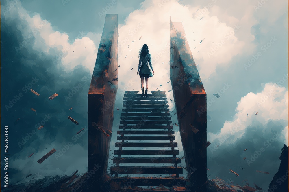 Fototapeta premium A young woman stands on broken stairs that lead up to the sky. Fantasy concept , Illustration painting. Generative AI