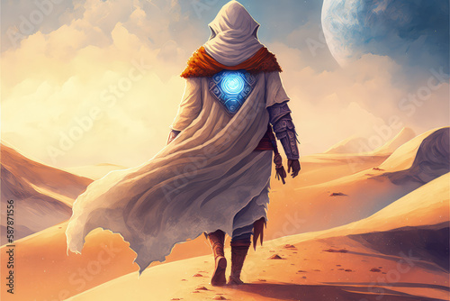 A space explorer traverses a white desert  surrounded by imaginative clouds and sand dunes. Fantasy concept   Illustration painting. Generative AI