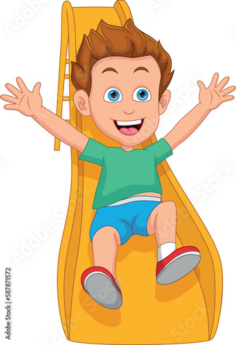 happy boy playing slides