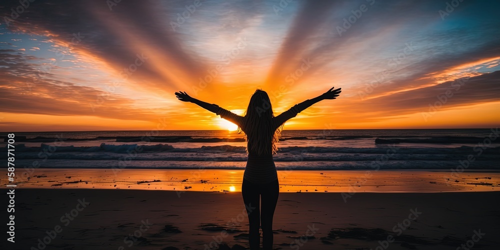 A woman doing yoga in front of a sunset on the beach with her arms in the air and her hands in the air. by ai generative
