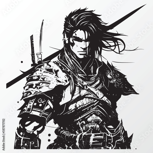 Cartoon samurai man character sketch in anime style