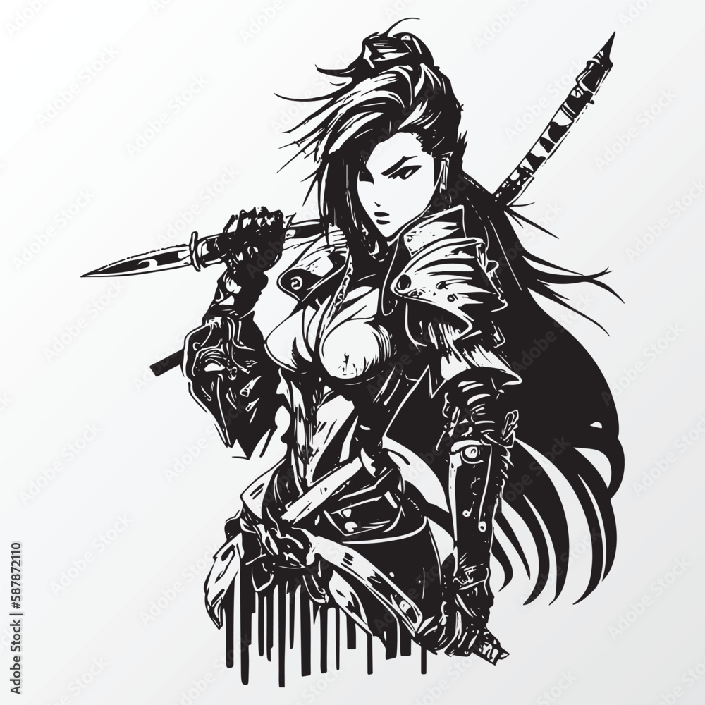 Cartoon samurai women character sketch in anime style Stock Vector ...