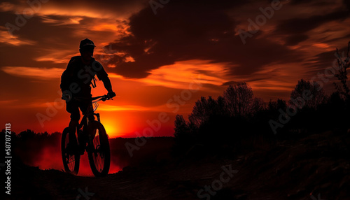 Silhouette of biker cycling at sunset adventure generated by AI