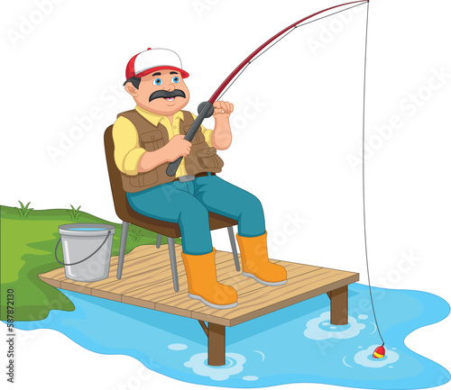 happy man fishing on the lake wooden pier