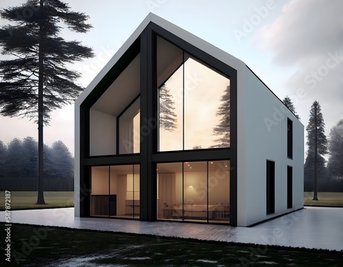 A stylish  minimalist house with a sloping roof  a large front window  Ai generative