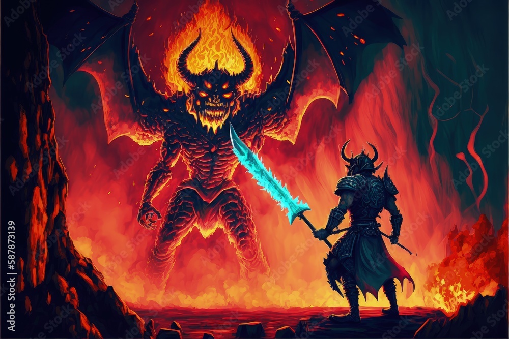 A fighter wielding a sword faces off against a flaming monster in the fiery depths of Hell. Fantasy concept , Illustration painting. Generative AI A fighter wielding a sword faces off against a flaming monster in the fiery depths of Hell. Fantasy concept , Illustration painting. Generative AI