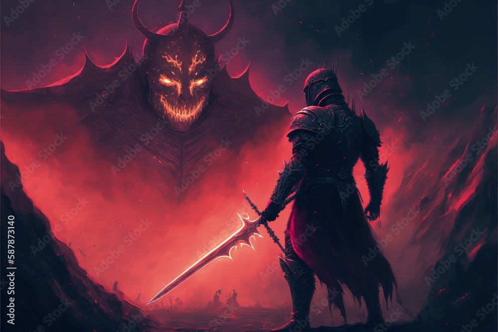 Fototapeta premium A fighter wielding a sword faces off against a flaming monster in the fiery depths of Hell. Fantasy concept , Illustration painting. Generative AI