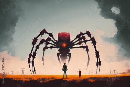 The male confronting the enormous arachnid automaton. Fantasy concept , Illustration painting. Generative AI