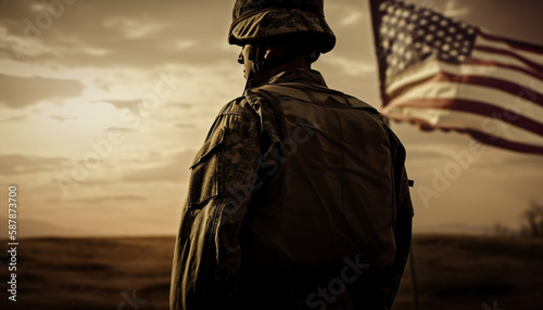 Standing army soldier salutes American flag at sunset generated by AI