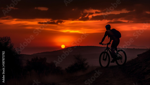 Silhouette biker conquers mountain peak at dusk generated by AI