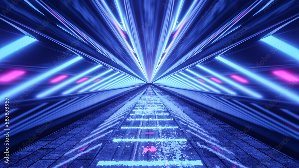 Αυτοκόλλητο Futuristic scene with neon fluorescence light in the long corridor in the cyber