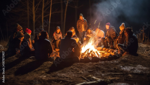 A joyful family picnic around burning coal generated by AI