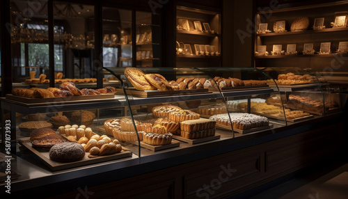 Fresh baked, sweet delights on rustic bakery shelf generated by AI