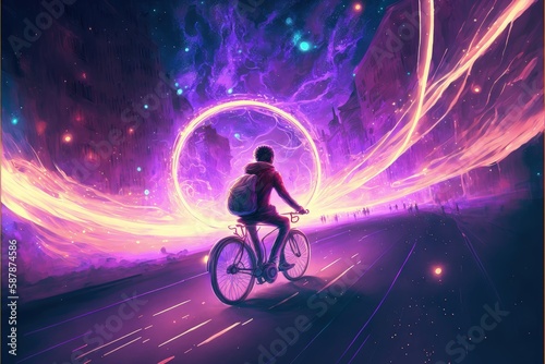 A man wearing elegant attire is cycling with radiant wheels in the cosmos. Fantasy concept , Illustration painting. Generative AI © X-Poser