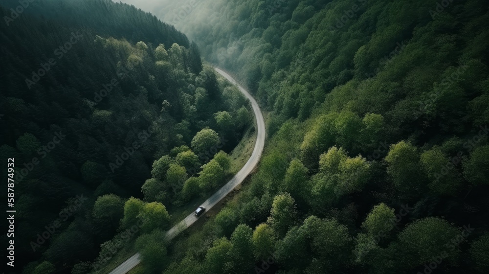 Aerial view of a car driving through a scenic forest road created with Generative AI technology