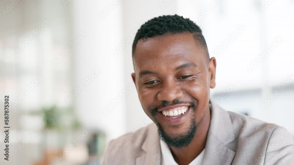 Happy black man, face and hands with credit card for online shopping, ecommerce or purchase at office. Hand of African American businessman in electronic transaction or internet banking at workplace