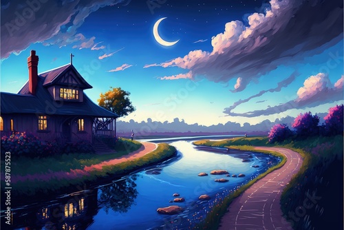 A picturesque waterway in a vibrant rural setting is set against a backdrop of ominous dark clouds and a crescent moon. Fantasy concept , Illustration painting. Generative AI