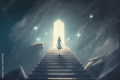 A youthful lady stands on mystical steps, yearning for a tiny celestial body above. Fantasy concept , Illustration painting. Generative AI