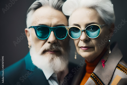 Happy old couple, dressed in modern rococo style abstract suit dress pastel colors. Concept of active age. Generative AI