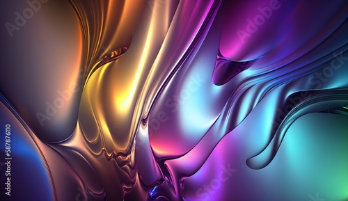 Holographic Iridescent Liquid Render Design Visual with Organic Fluid and Wavy Gradient Texture for Background, Wallpaper, Banner, Poster, or Cover, Premium Metallic Texture on 3D Shape, generative ai